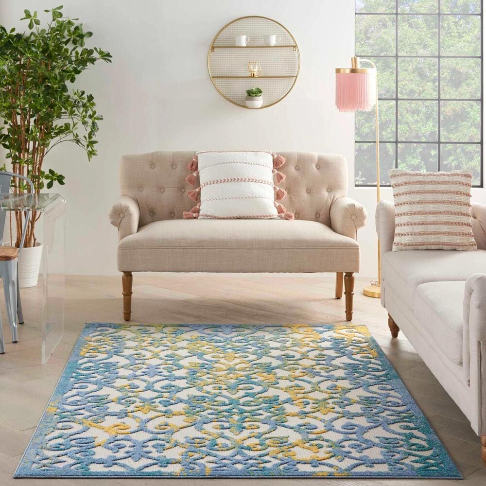 Nourison Aloha 6&#39; x 9&#39; Ivory and Blue Indoor/Outdoor Area Rug, , large