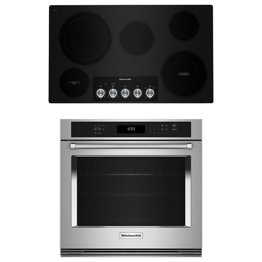 Kitchenaid 2-Piece Kitchen Package with PrintShield Stainless Steel 30" Single Wall Oven and 36" Black Electric Cooktop, , large