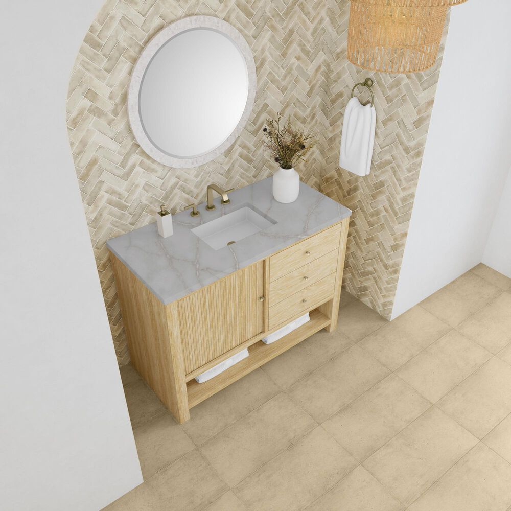James Martin Marigot 48&quot; Single Bathroom Vanity in Sunwashed Oak with 3 cm Eternal Jasmine Pearl Quartz Top, Rectangular Sink and FreePower Wireless Charger, , large