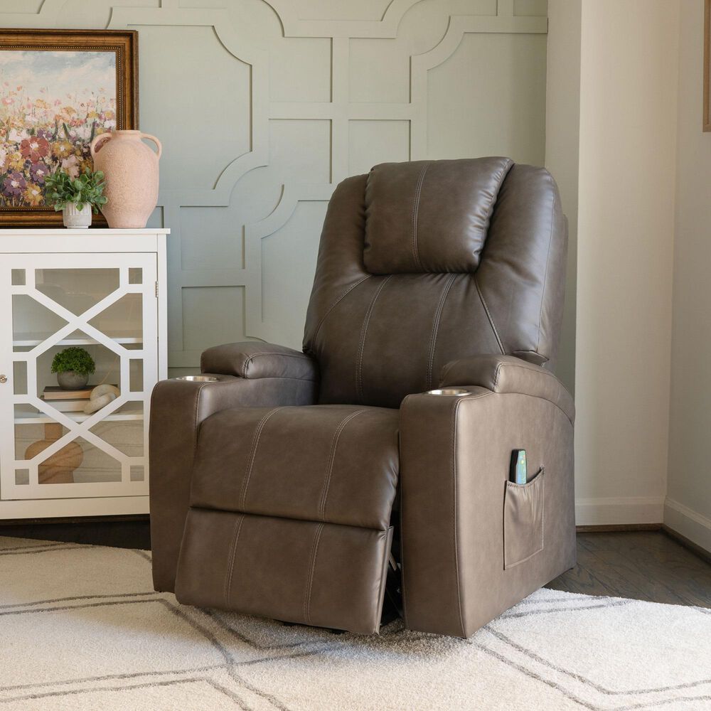 Linon Home Decor Peoria Power Lift Recliner in Mushroom, , large