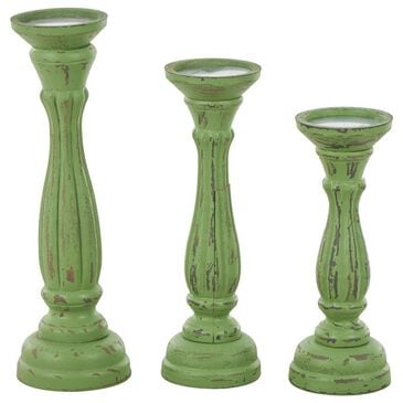 Maple and Jade Turned Pillar Decorative Candle Holder in Distressed Green and Brown (Set of 3), , large