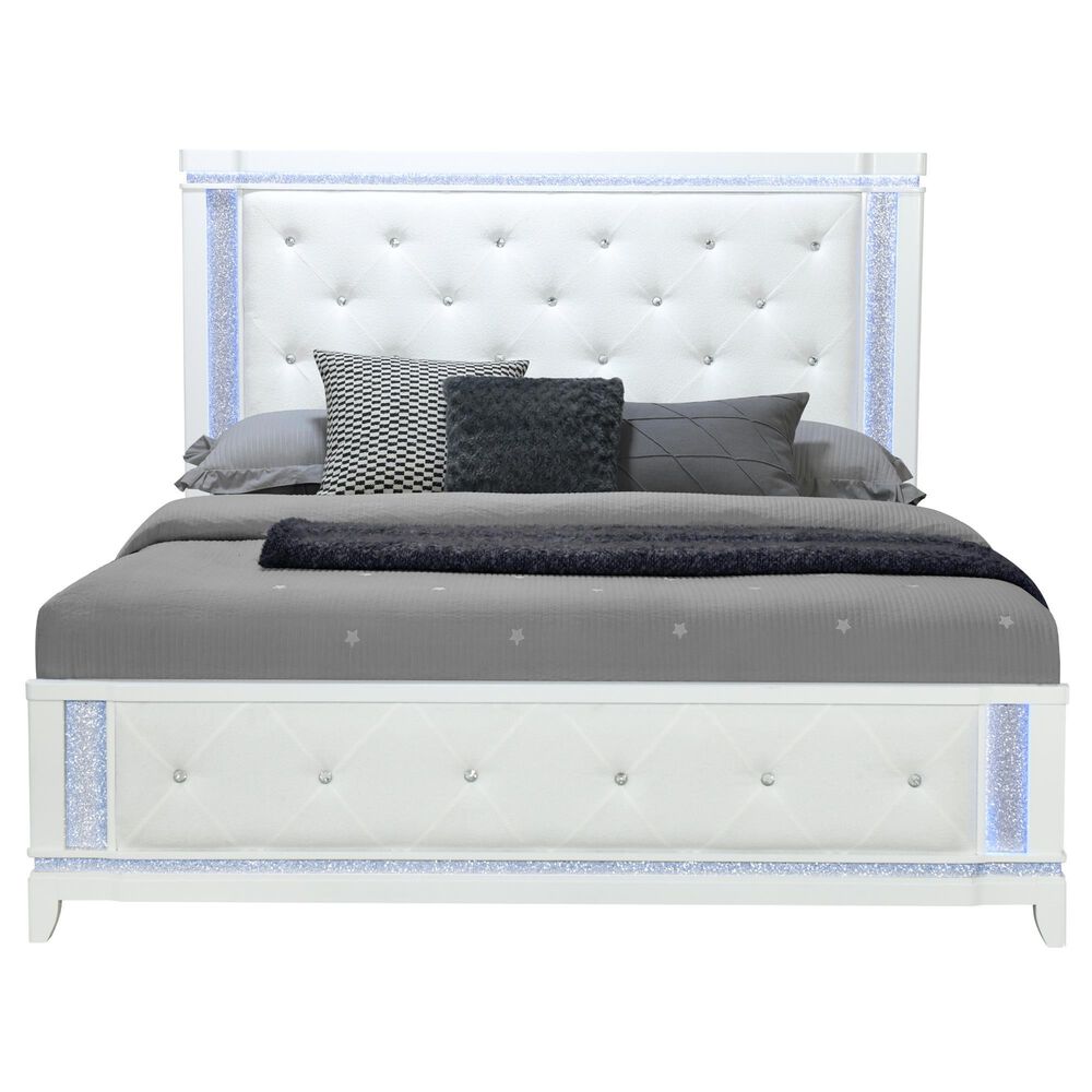 Global Furniture USA Alina 3-Piece King Upholstered Panel LED Bed with Two Nightstands in White, , large