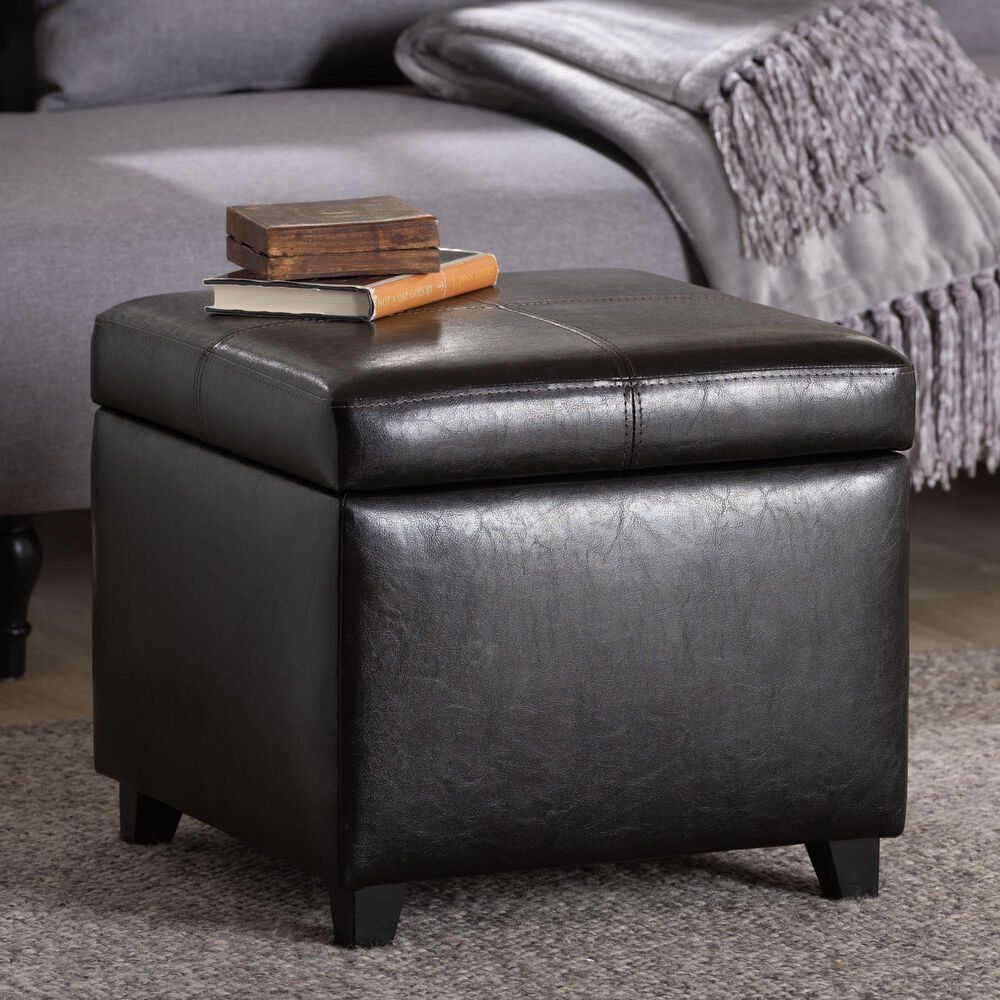 Baxton Studio Leather Cube Storage Ottoman in Dark Brown, , large