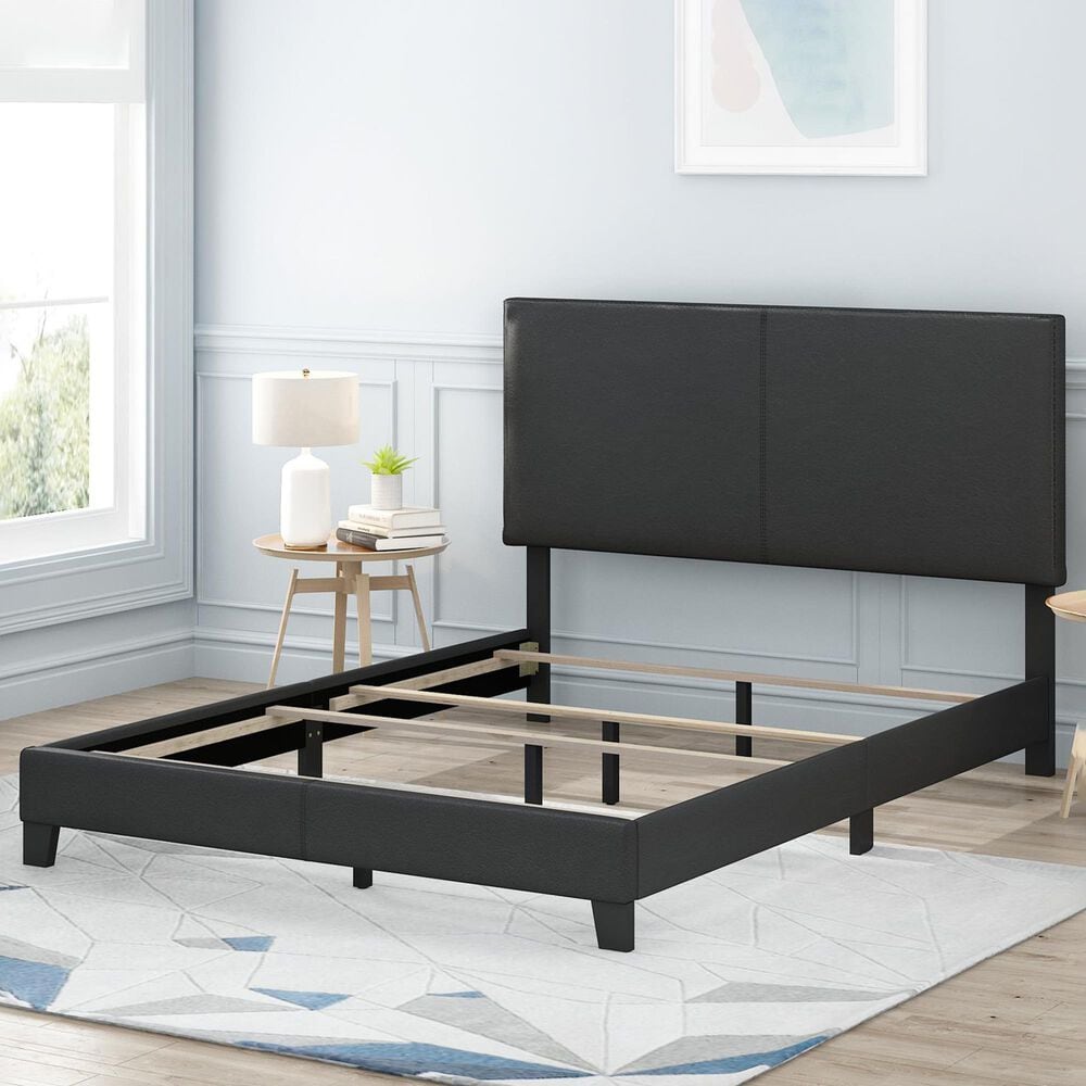 HOMLUX Pessac Queen PU Leather Upholstered Panel Bed Frame in Black, , large