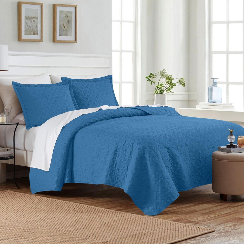 Trade Linker 3-Piece Queen Basket Pinsonic Quilt Set in Denim, , large