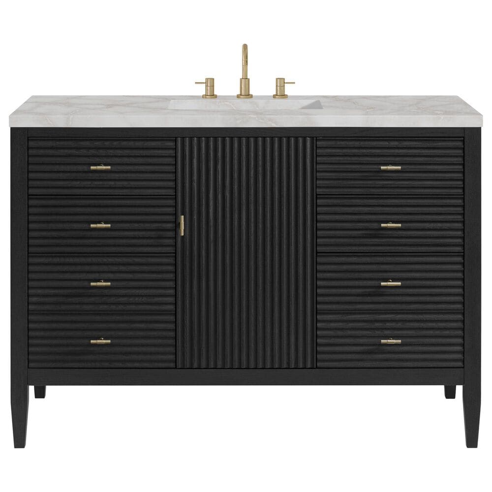 James Martin Vanities Myrrin 48" Single Bathroom Vanity in Carbon Oak with 3 cm Eternal Jasmine Pearl Silestone Top, Rectangular Sink and FreePower Wireless Charger, , large