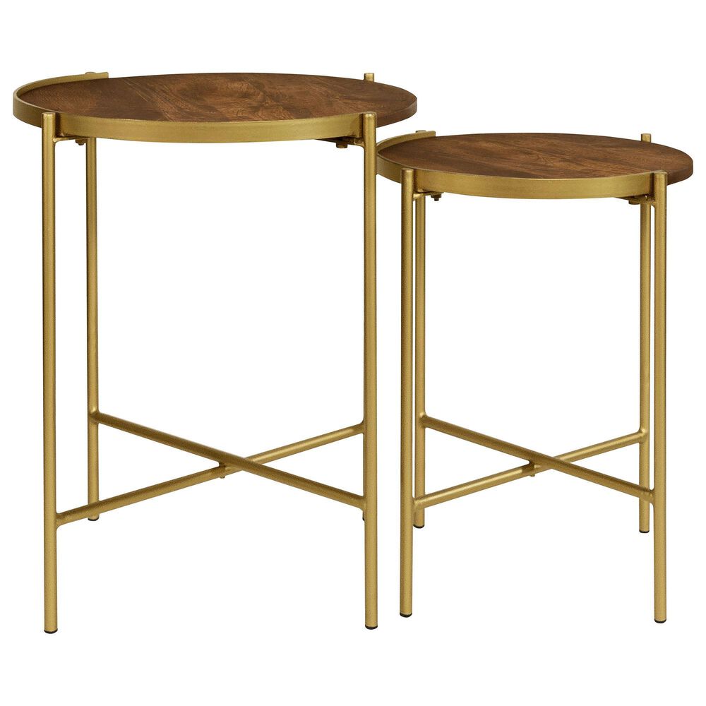 Pacific Landing Malka 2-Piece Round Nesting Table Set in Dark Brown and Gold, , large