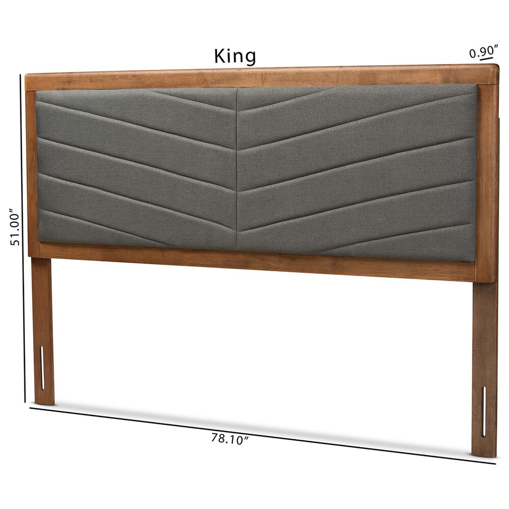 Baxton Studio Iden King Panel Headboard with Dark Grey Fabric in Walnut Brown, , large