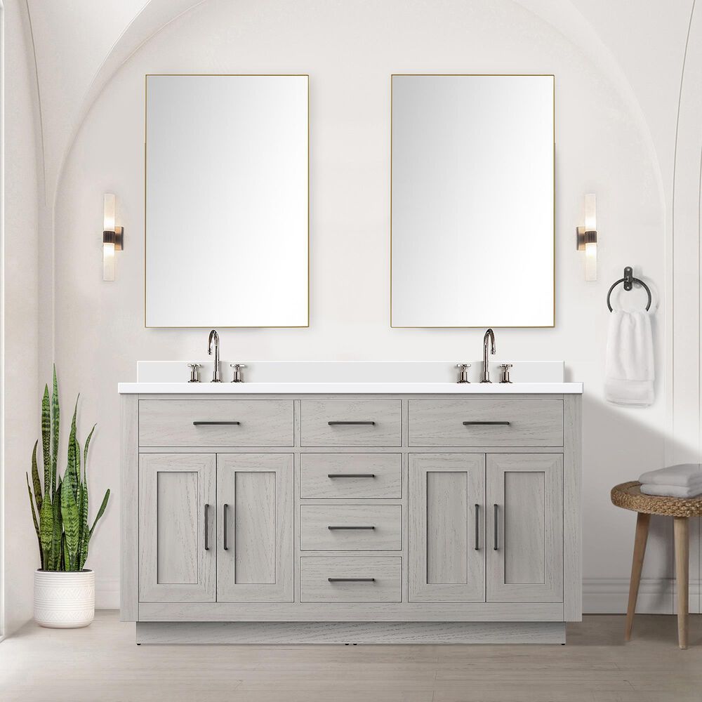 Lexora Home Abbey 60&quot; Double Bathroom Vanity in White Oak with 2 cm White Cultured Marble Top and Rectangular Sinks, , large