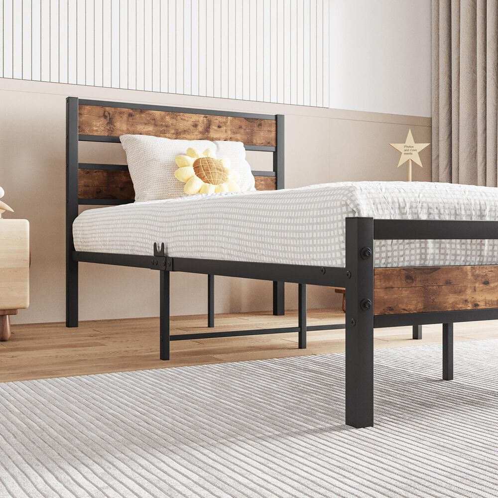 Hearth and Haven Twin Platform Bed with Metal Slats Support in Black and Brown, , large