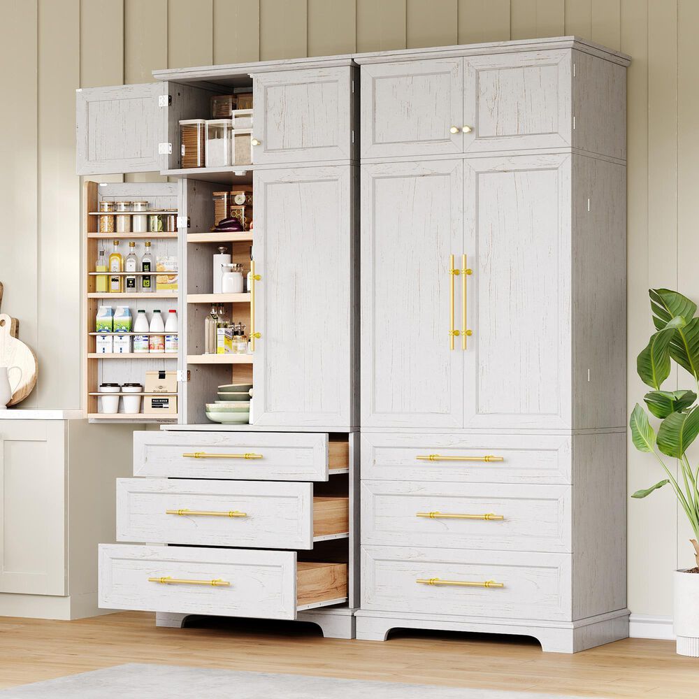 HOMLUX HOMLUX 78.2" Tall Farmhouse Kitchen Pantry Cabinet with 8 Door Shelves, Storage Cabinet with 3 Adjustable Shelves, 3 Large Drawers, Versatile Cupboard for Kitchen, Dining &amp; Bathroom, Retro White, , large