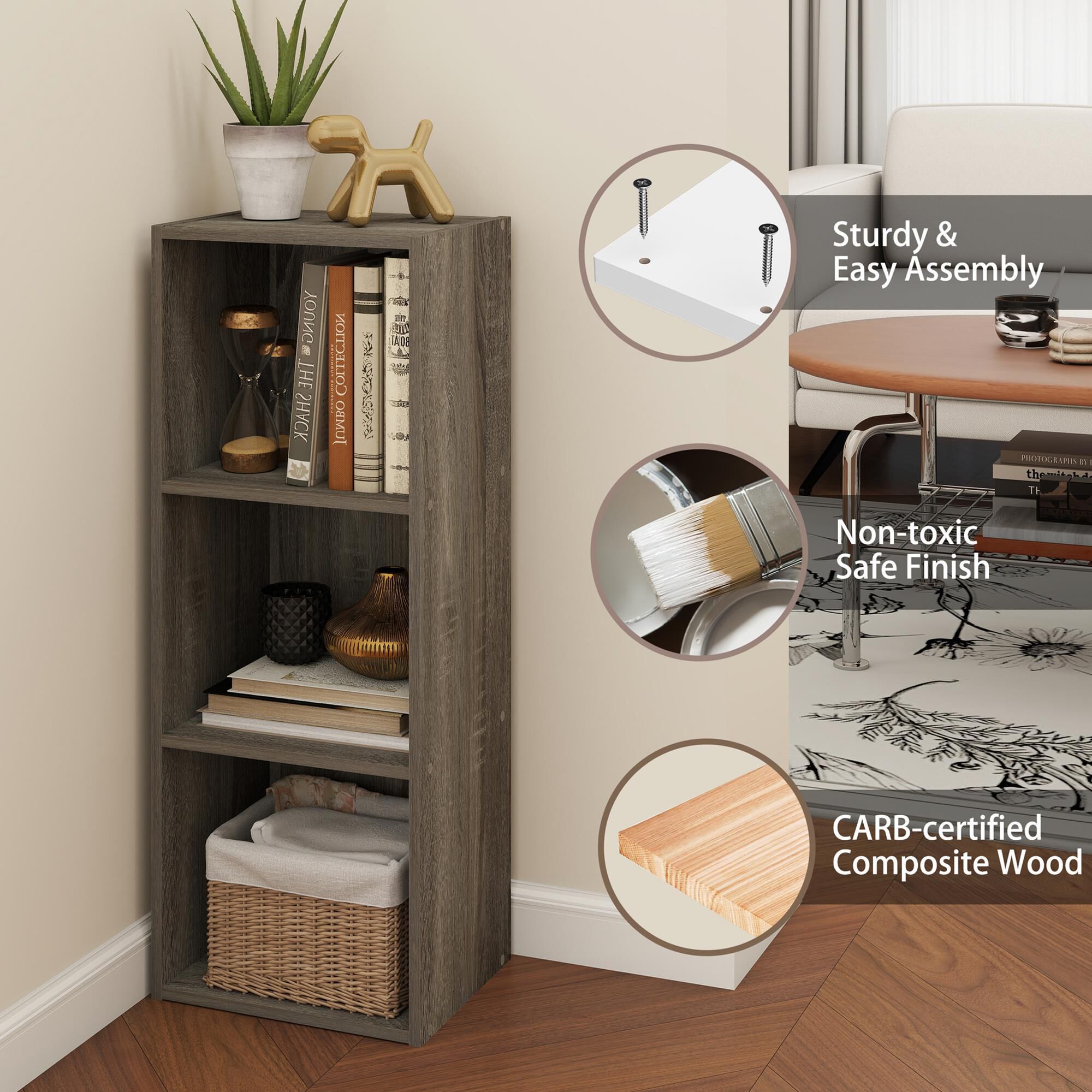 Noviland 3-Tier Bookcase with Decorative Open Shelves in French Oak