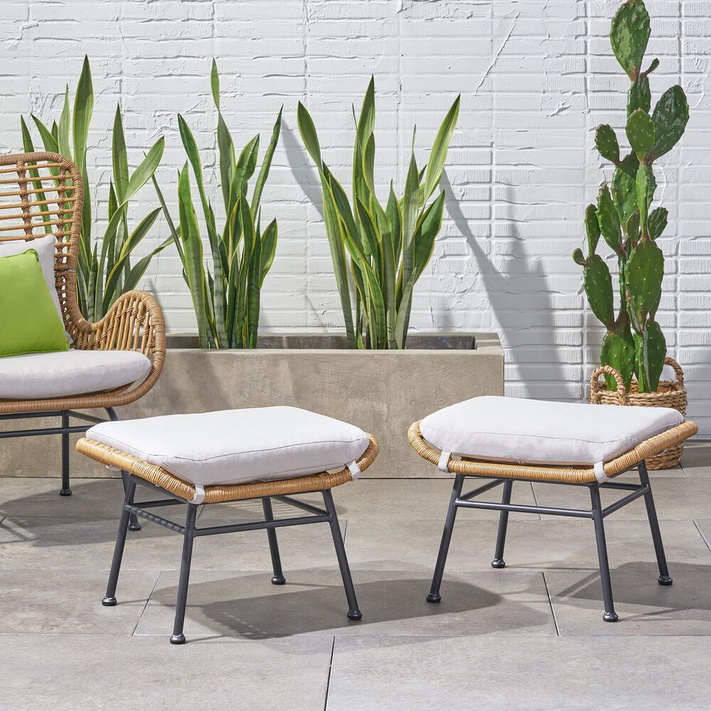 Hearth and Haven Montana Outdoor Ottoman with Beige Cushion in Light Brown and Black &#40;Set of 2&#41;, , large