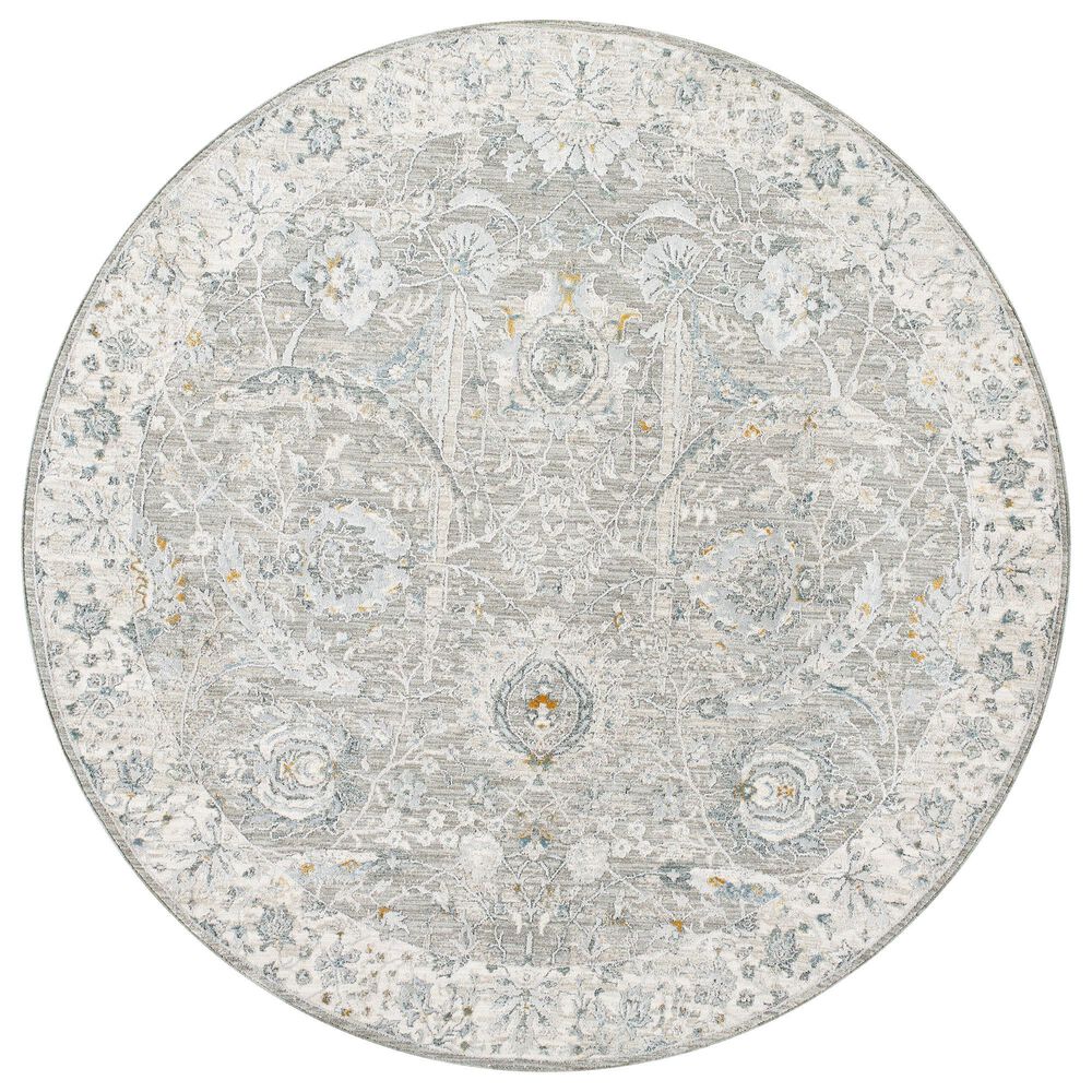 Surya Dresden Gray, Medium Gray, White, Light Slate, Denim and Mustard 6"7" Round Area Rug, , large
