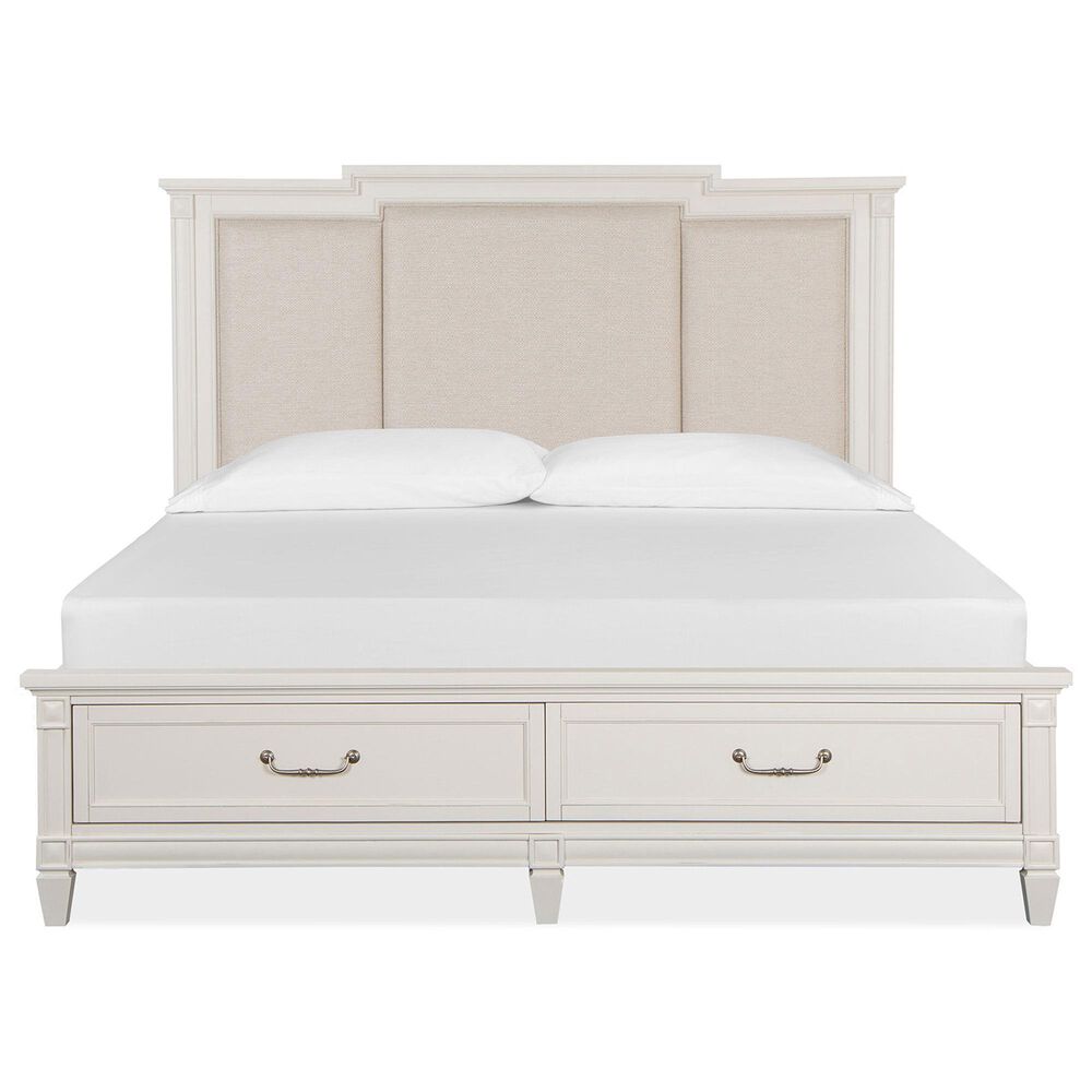 Nicolette Home Willowbrook King Storage Bed with Upholstered Headboard with Two Nightstands in Egg Shell White, , large
