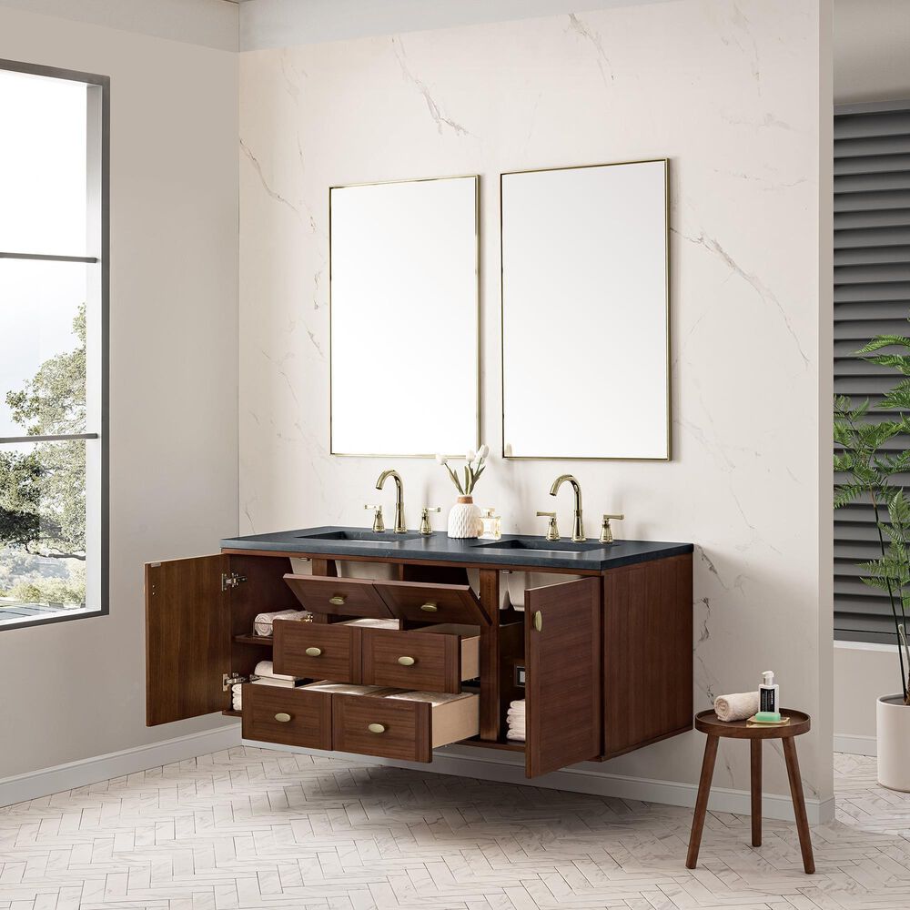 James Martin Vanities Amberly 60&quot; Double Bathroom Vanity in Walnut with 3 cm Charcoal Soapstone Quartz Top and Rectangular Sinks, , large