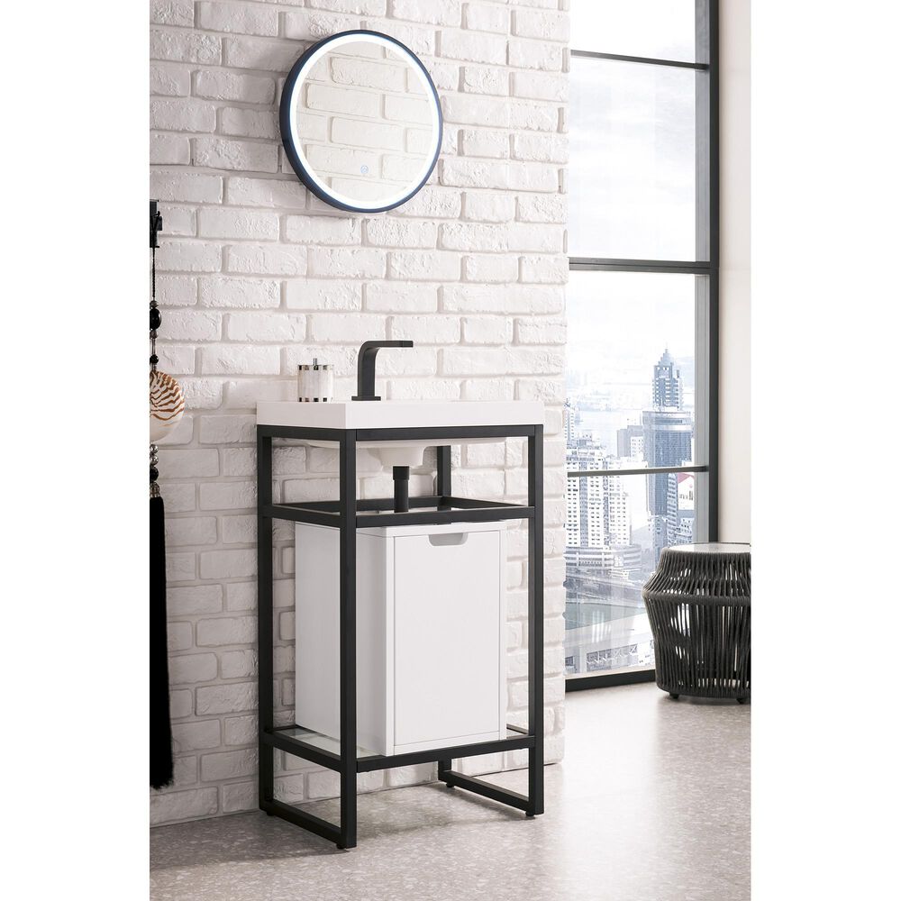 James Martin Vanities Boston 20&quot; Single White Door Bathroom Vanity in Matte Black with 3 cm White Glossy Resin Countertop and Rectangular Sink, , large