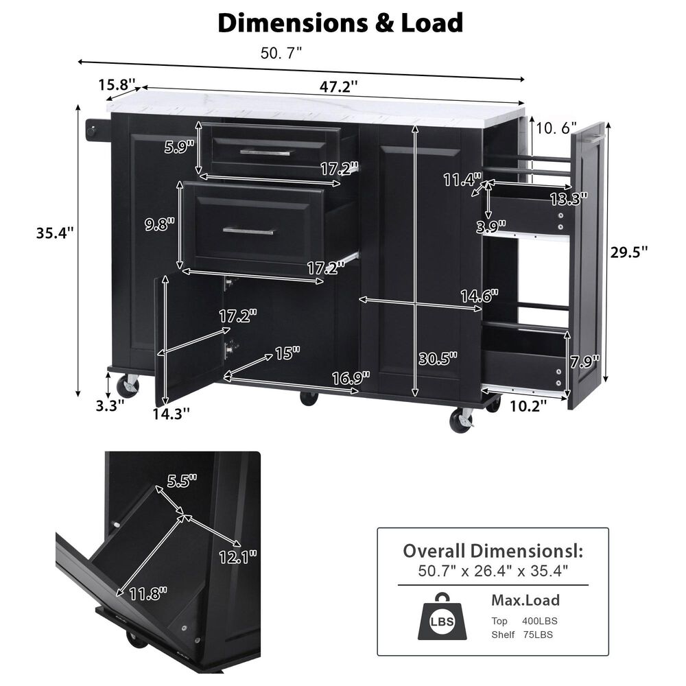 HOMLUX 51" Kitchen Island with Tilt Trash Can Cabinet in Black, , large