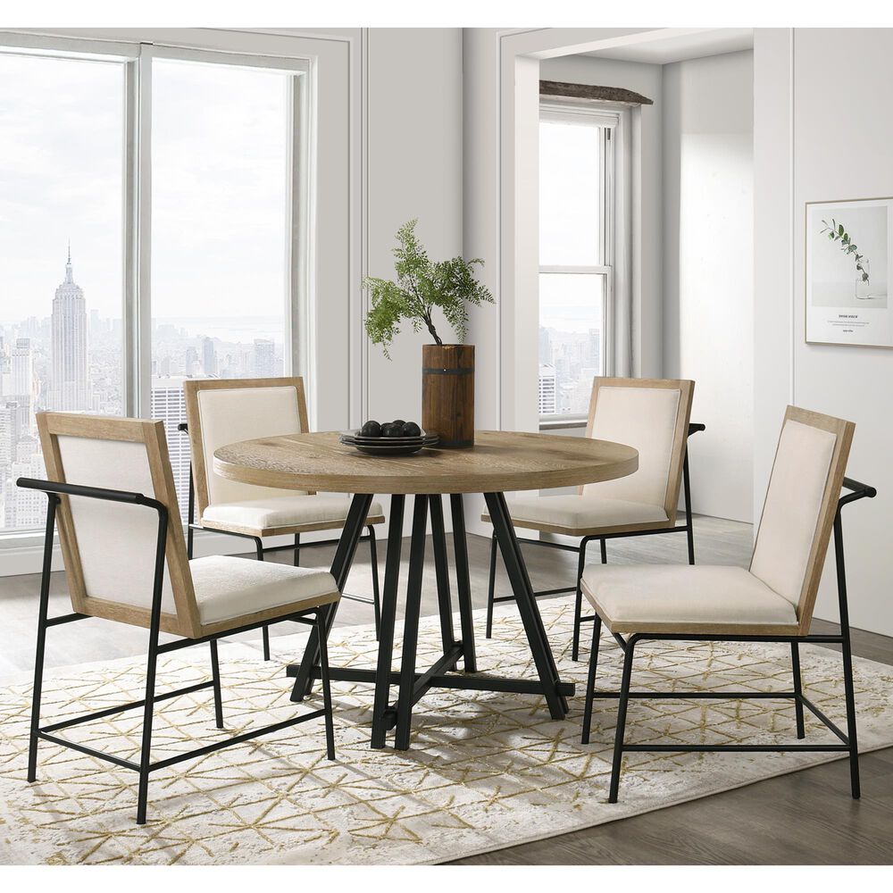 HOMLUX 5-Piece Round Dining Set with Cream Upholstered Chairs in Distressed Oak and Black, , large