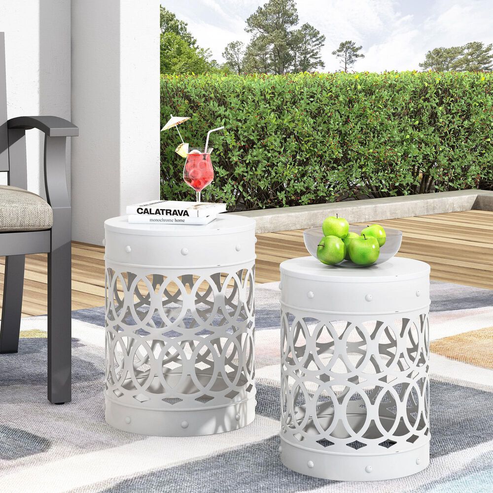 Hearth and Haven Cylindrical-Shaped Iron Patio End Table in White &#40;Set of 2&#41;, , large