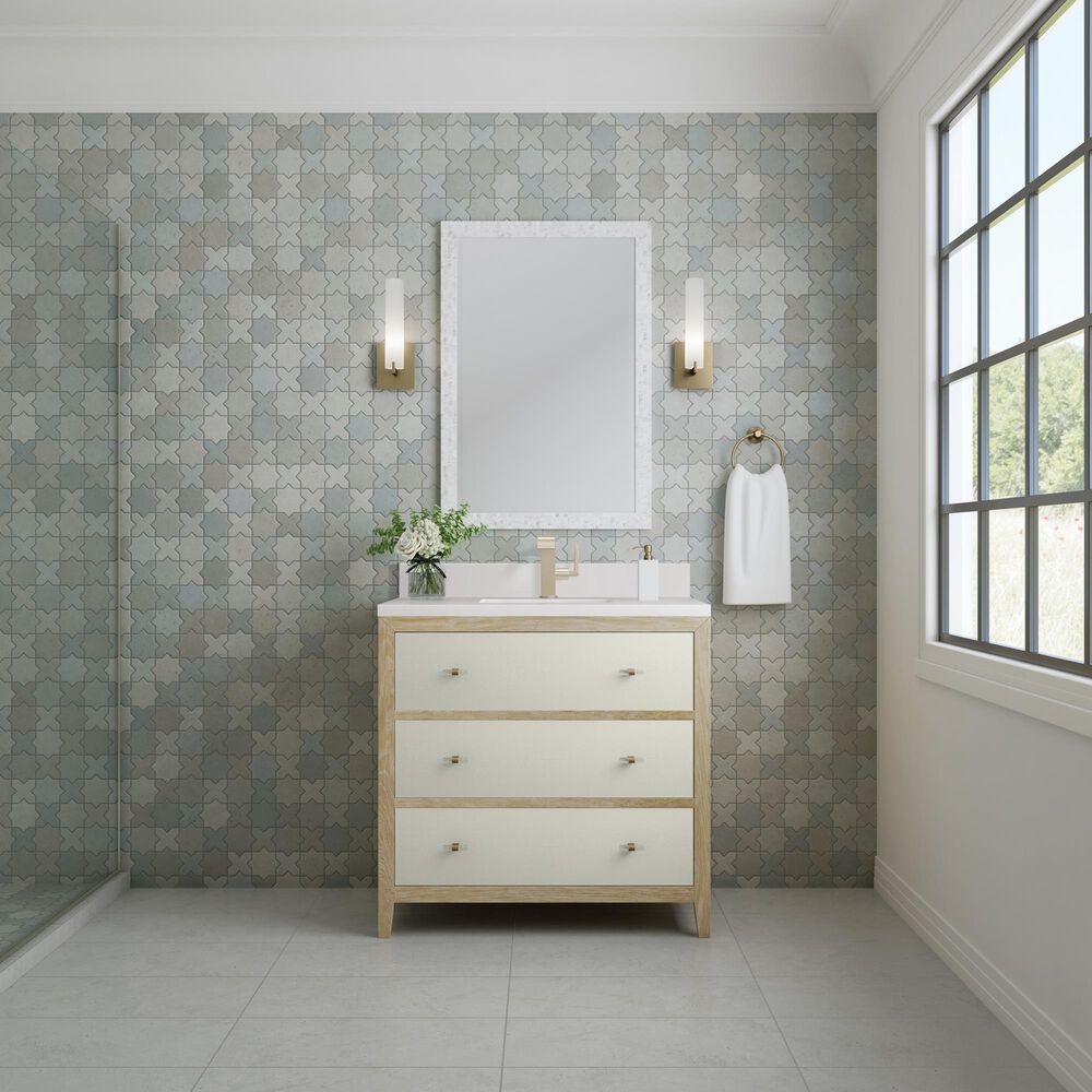 James Martin Vanities Celeste 36&quot; Single Vanity in Sun-washed Oak with Embossed Shagreen and with Single Hole 3 cm White Zeus Quartz Top &amp; Backsplash, , large