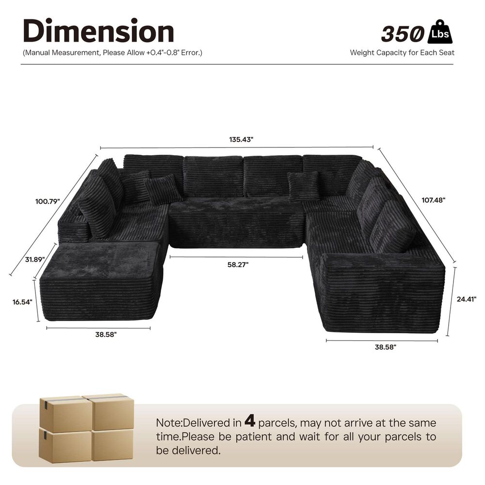 Noviland HOMLUX Modular Floor Sofa with Plush Corduroy, Big Comfy U-Shaped Sectional Couch in Black, , large