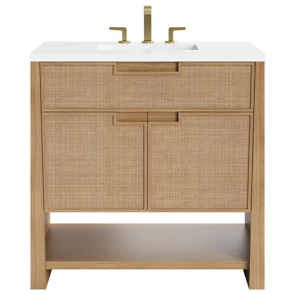James Martin Vanities Solene 36" Single Bathroom Vanity in Seaside Oak with 3 cm White Zeus Quartz Top and Rectangular Sink, , large