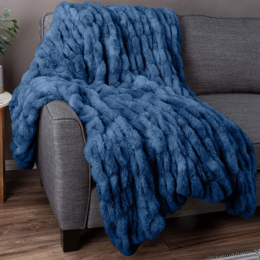 Timberlake 60" x 80" Ruched Faux Fur Throw Blanket in Blue, , large