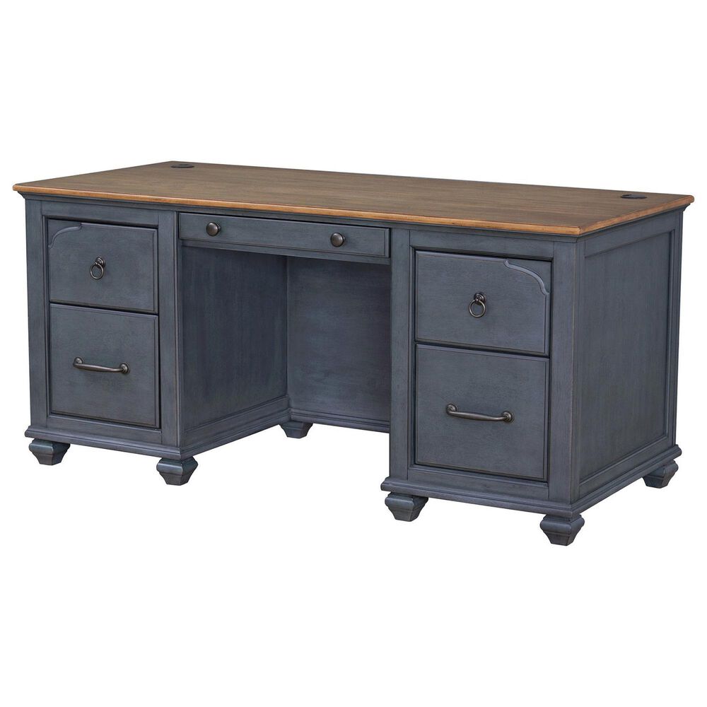 Legends Home Americana 2-Piece Executive Desk with Bookcase Pier Set in Corduroy Blue and Whiskey, , large