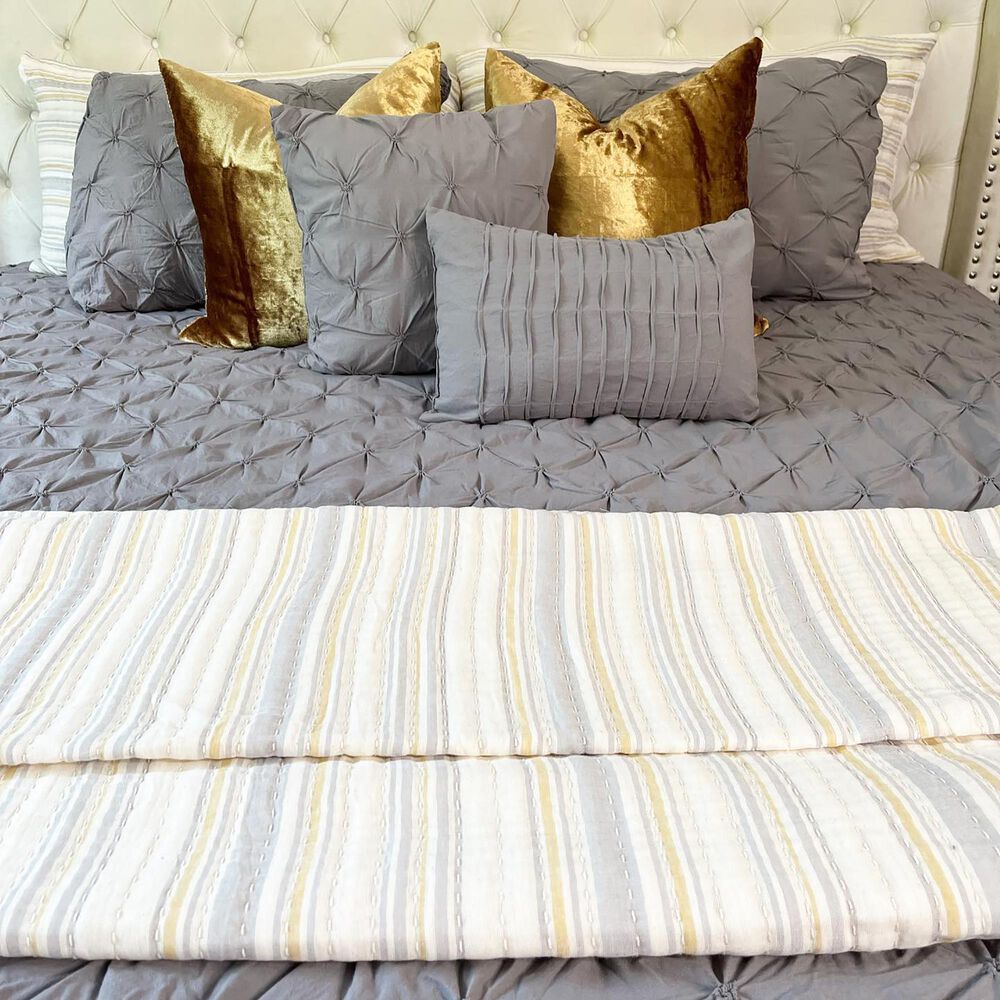 Triangle Home Fashions Solange Stripe 3-Piece Queen Quilt Set in Yellow and Gray, , large