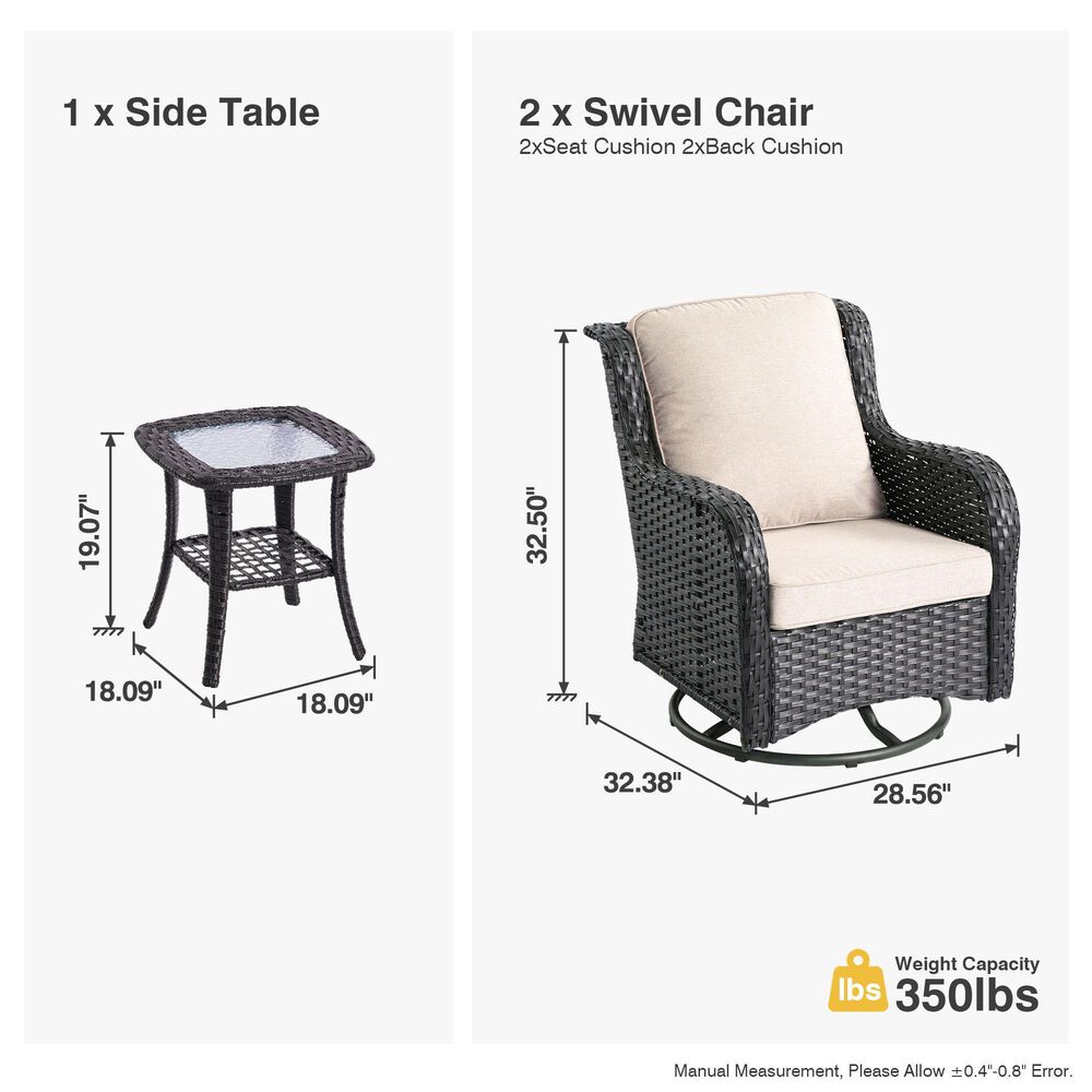 HOMLUX 3-Piece Patio Conversation Set with Curved-Arm Swivel Rocking Chairs and Brown Wicker in Beige, , large