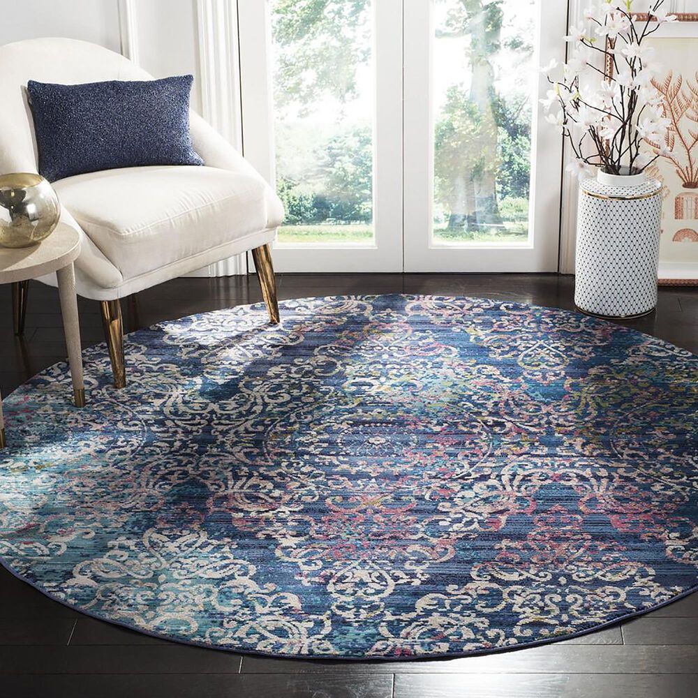 Safavieh Aria Damask 6&#39;6&quot; Round Blue and Multicolor Area Rug, , large