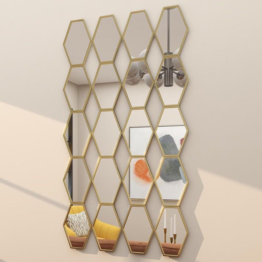 Maple and Jade Metal Geometric Wall Mirror with Diamond and Hexagon Shaped Mirrors in Gold, , large