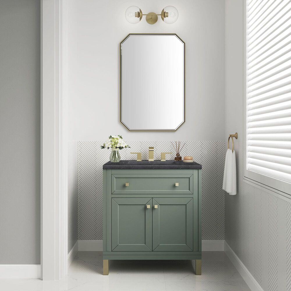 James Martin Vanities Chicago 30&quot; Single Bathroom Vanity in Smokey Celadon with 3 cm Charcoal Soapstone Quartz Top and Rectangular Sink, , large