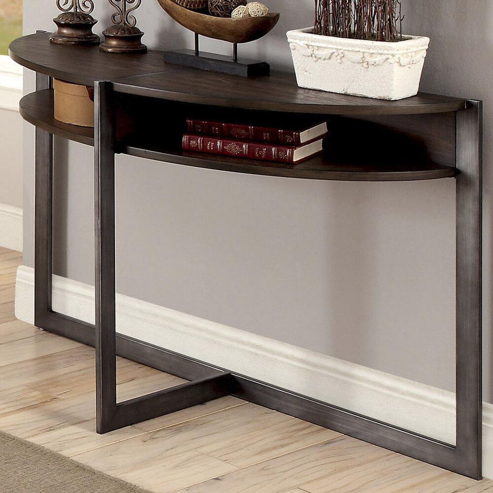Furniture of America Dana Open Shelf Half-Moon Sofa Table in Dark Oak, , large