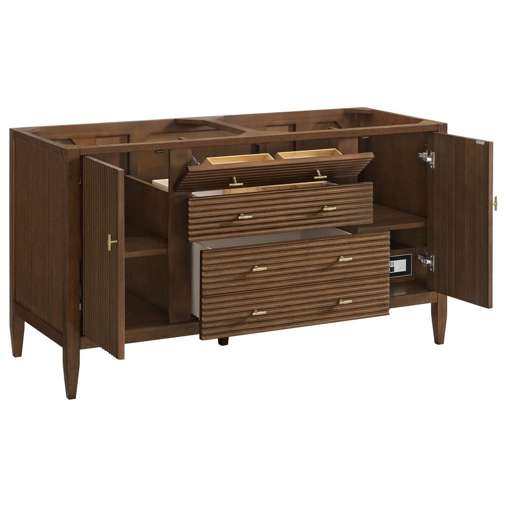 James Martin Vanities Myrrin 60" Double Bathroom Vanity in Mid-Century Walnut with 3 cm Eternal Jasmine Pearl Silestone Top, Rectangular Sinks and FreePower Wireless Charger, , large