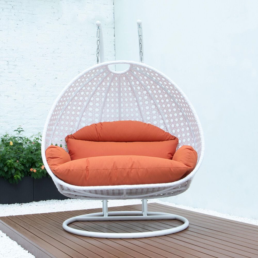 Leisuremod 2-Seat Hanging Egg Swing Chair with Orange Cushion in White, , large
