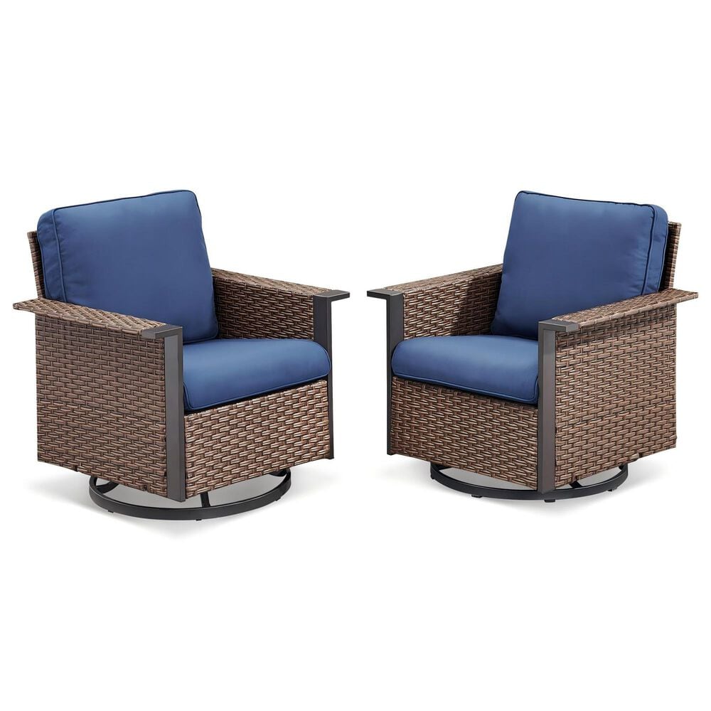 Sunwell Garden Patio Swivel Glider Chair with Brown Frame and Square Armrests in Navy (Set of 2), , large