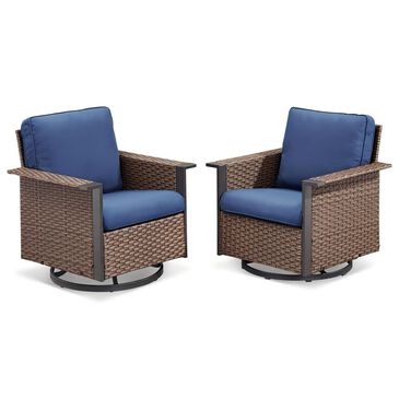 Sunwell Garden Patio Swivel Glider Chair with Brown Frame and Square Armrests in Navy (Set of 2), , large
