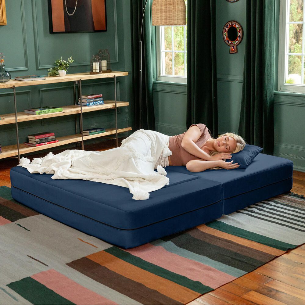 Jaxx Zipline 3-Piece Stationary Convertible Sleeper Loveseat in Indigo Velvet, , large