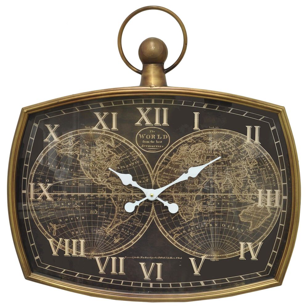 Three Hands Metal Wall Clock World Map in Gold, , large