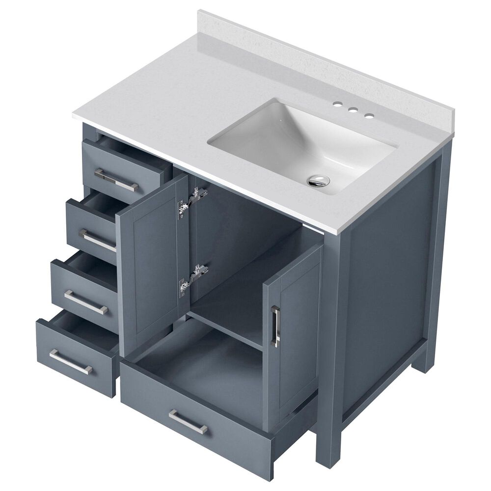 Lexora Home Jacques 36&quot; Right Offset Single Bathroom Vanity in Dark Grey with 2 cm White Quartz Top and Rectangular Sink, , large