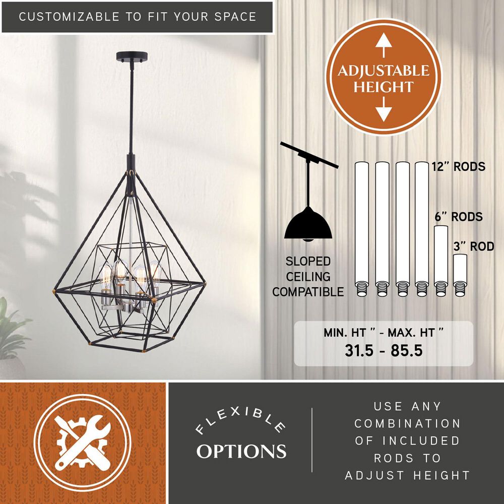 Vaxcel Bartlett 4-Light Pendant in Oil Rubbed Bronze and Satin Nickel, , large