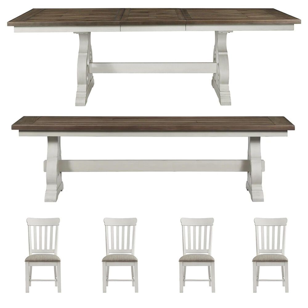 Hawthorne Furniture Drake Large Dining Table 1 Bench and 4 Chairs in Rustic White and French Oak, , large