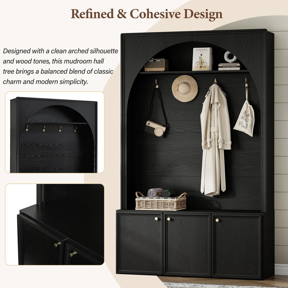 HOMLUX 4-Hook Hall Tree with Entryway Storage Bench in Black, , large