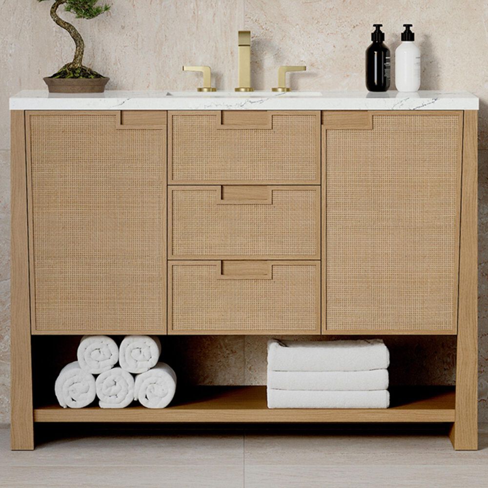 James Martin Vanities Solene 48" Single Bathroom Vanity in Seaside Oak with 3 cm Ethereal Noctis Quartz Top, Rectangular Sink and FreePower Wireless Charger, , large