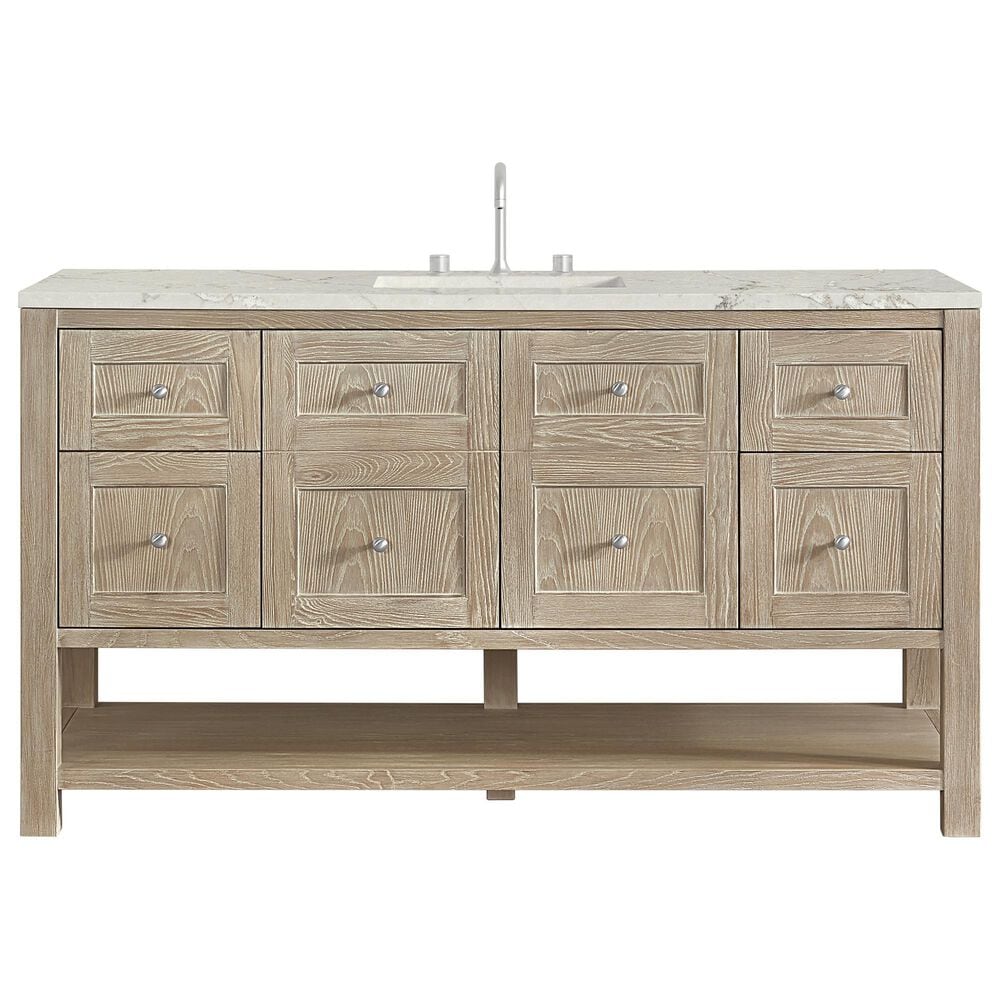 James Martin Vanities Breckenridge 60" Single Bathroom Vanity in Whitewashed Oak with 3 cm Victorian Silver Quartz Top and Rectangular Sink, , large
