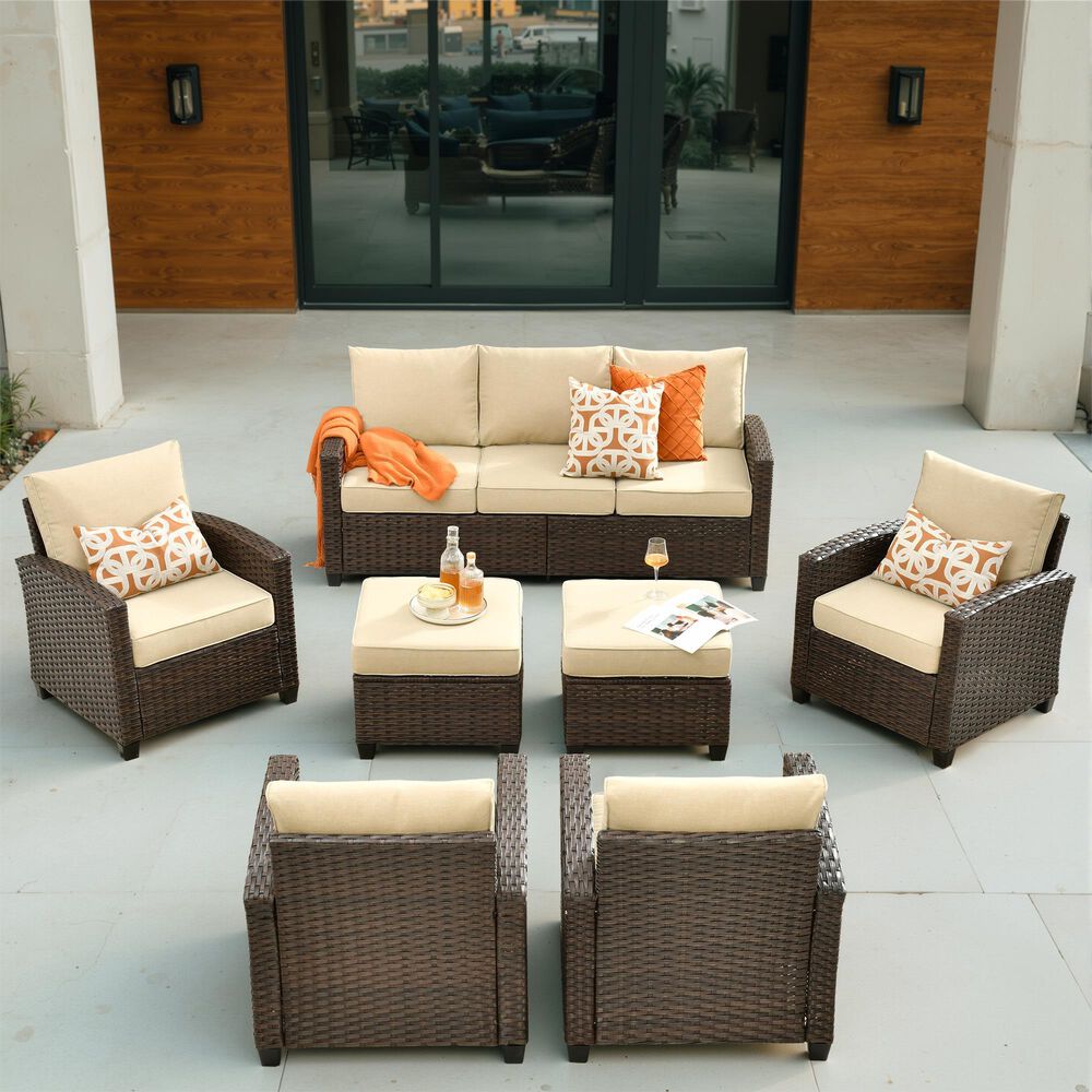 HOMLUX 7-Piece Patio Conversation Set with Two Ottomans in Beige, , large