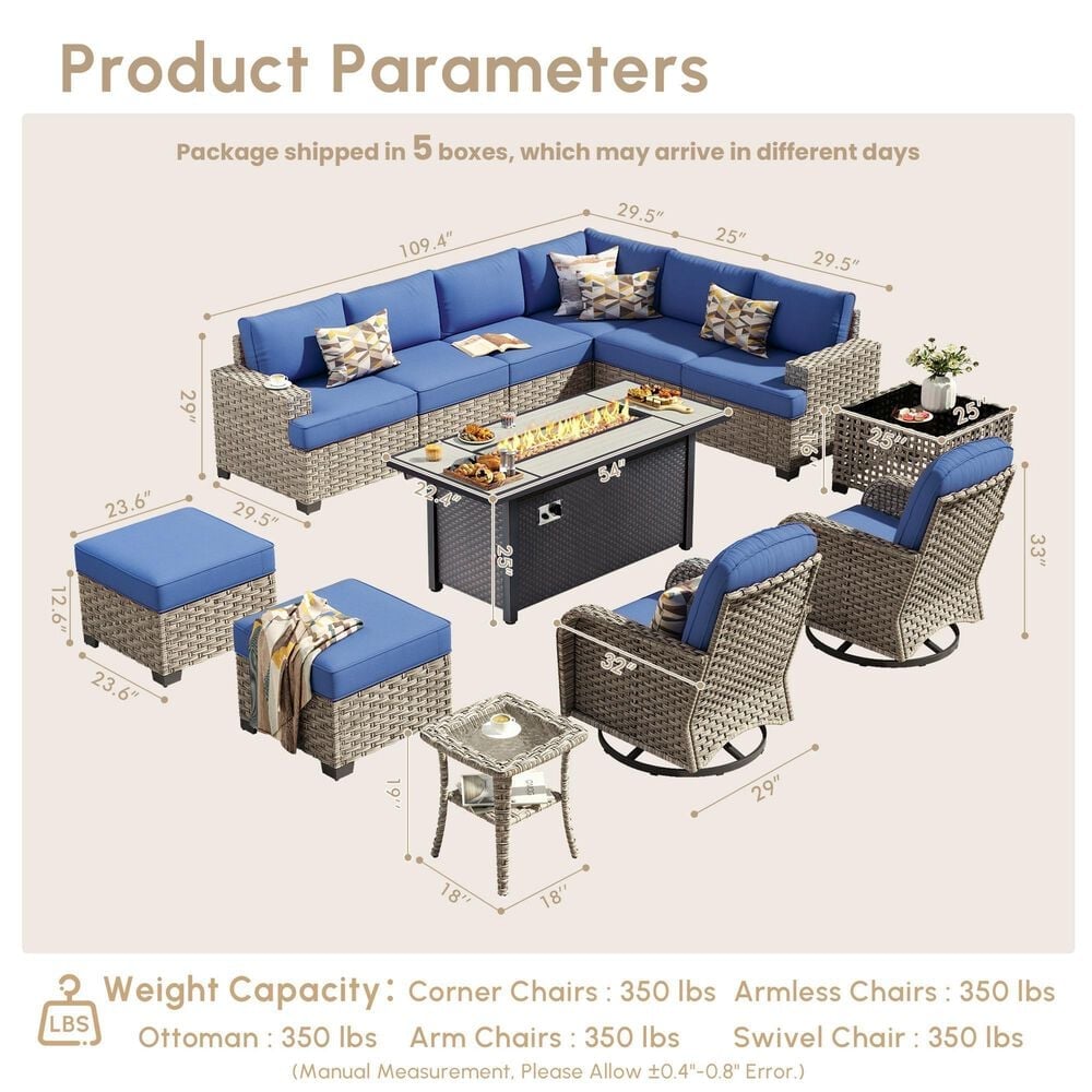 HOMLUX 13-Piece Patio Conversation Set with 54" Fire Pit Table in Navy Blue, , large