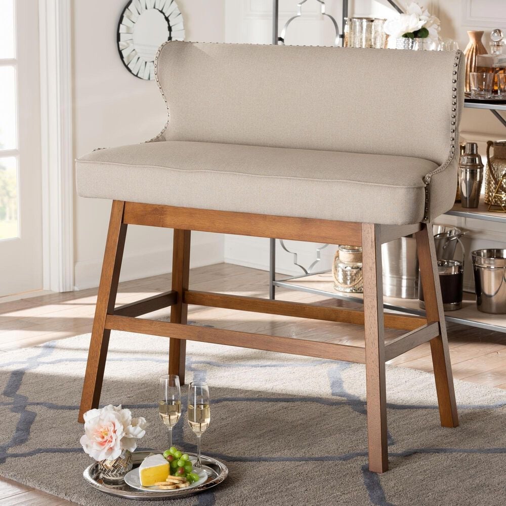 Baxton Studio Gradisca Bar Bench Banquette with Light Beige Cushion in Dark Walnut, , large